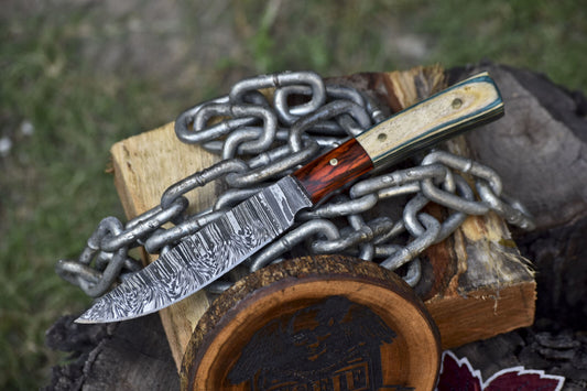 Forged Skinner Knife Twist Damascus Hard Wood Wooden Bolster Hunting