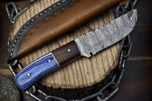  Forged Skinner Knife Twist Damascus Hard Wood Wooden Bolster Hunting Sports
