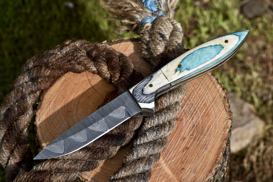 Forged Skinner Knife Twist Damascus Hard Wood Wooden Bolster Outdoor
