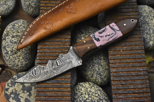 Forged Skinner Knife Twist Damascus Micarta Wooden Bolster EDC Bushcraft