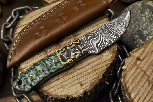 Forged Skinner Knife Twist Damascus Steel Hardwood Handle Wooden Bolster with Sheath