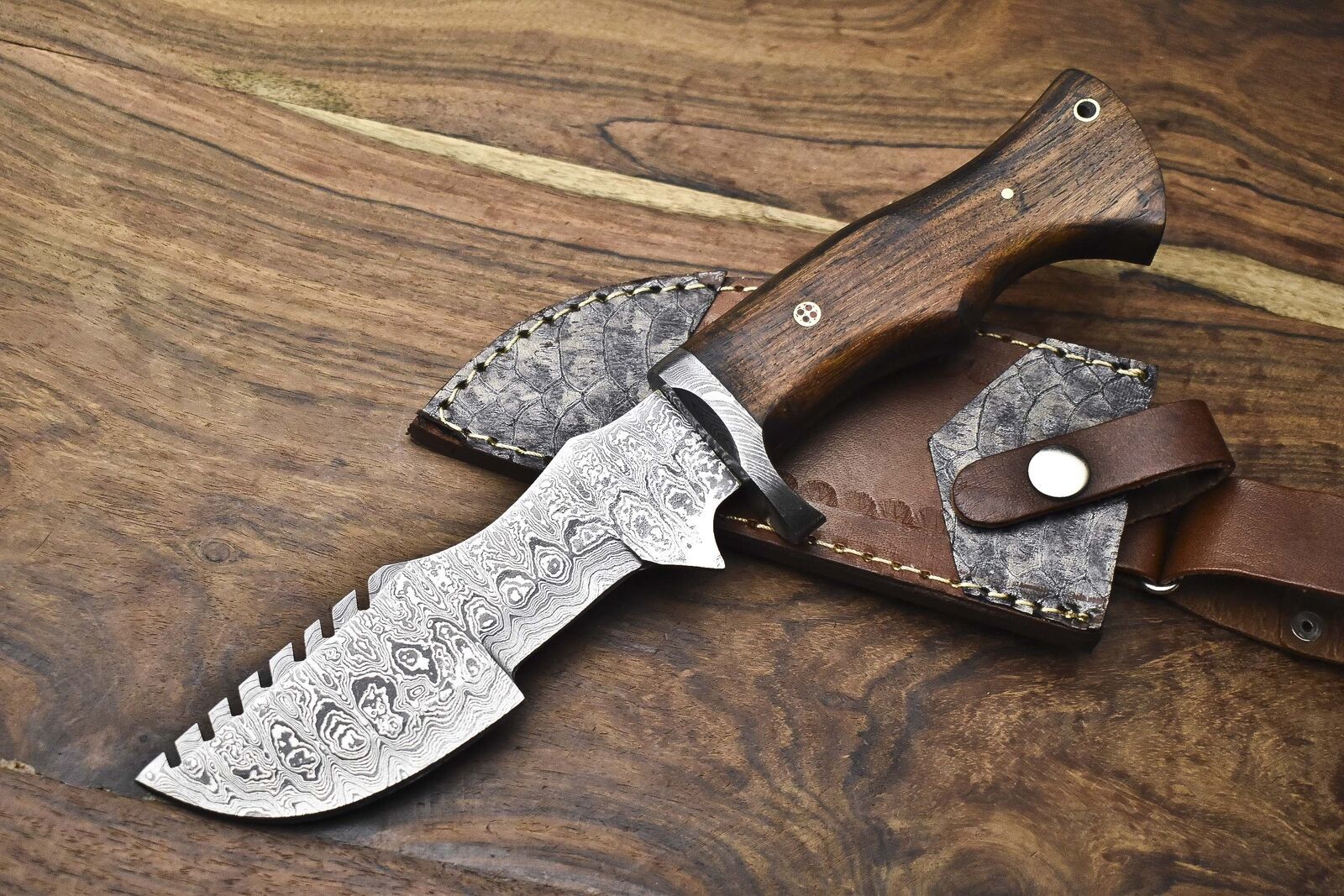 Forged Tracker Knife – Rain Drop Damascus Steel with Walnut Wood Handle & Damascus Guard – Hunting & Bushcraft Knife