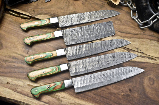Forged Twist Damascus Chef Knife Set of 5 – Hardwood Handle, Hunting & Kitchen Knives