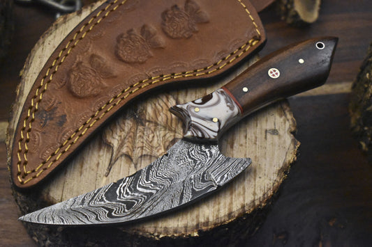 Forged Twist Damascus Skinner Hunting Knife 8 Inch with Walnut Wood Handle and Micarta Bolster W/ Leather Sheath