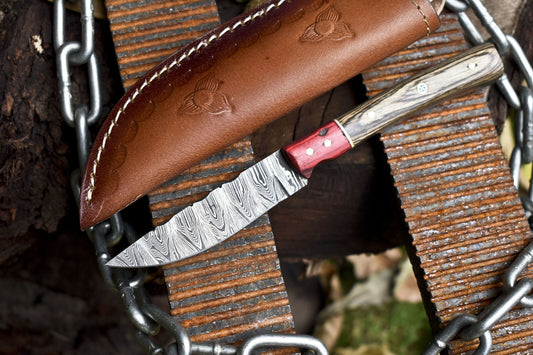 Forged Twist Damascus Skinner Knife 8 Inch with Hard Wood Handle and Wooden Bolster W/ Leather Sheath