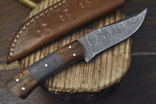 Forged Twist Damascus Skinner Knife Corian Handle with Wooden Bolster EDC