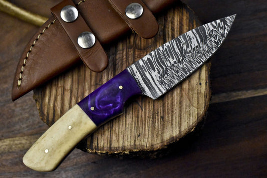 Forged Twist Damascus Skinner Knife with Bone Handle – Handmade Gift for Hunters

