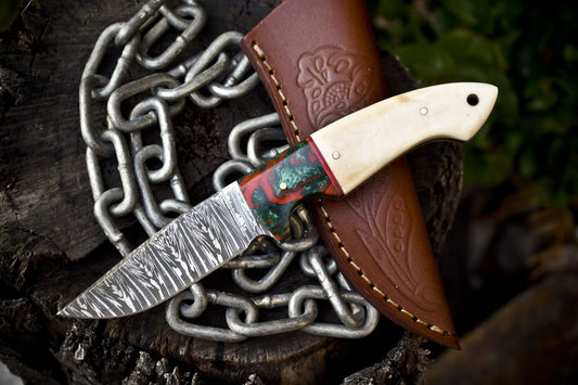 Forged Twist Damascus Skinner Knife with Bone Handle and Micarta Bolster for Survival and Hunting