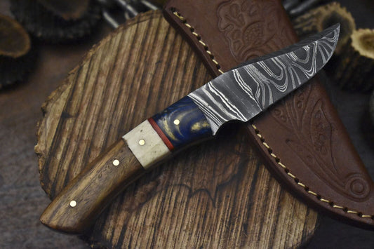 Forged Twist Damascus Skinner Knife with Bone and Wood Handle – Compact Tactical Hunting Blade