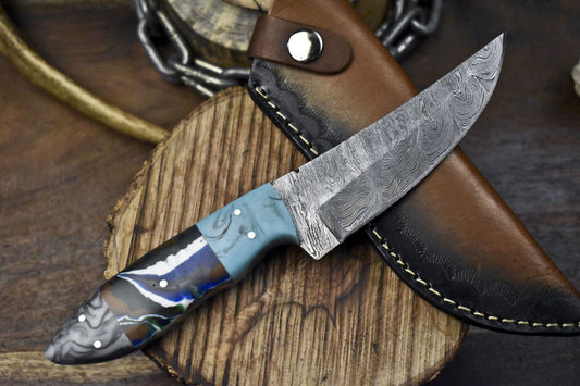Forged Twist Damascus Skinner Knife with Corian Handle and Micarta Bolster – Outdoor Fixed Blade Hunting Knife