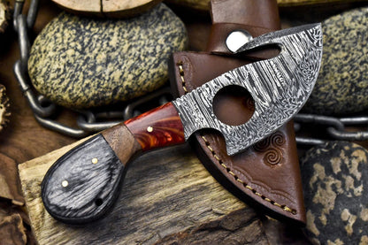 Forged Twist Damascus Skinner Knife with Gut Hook and Hardwood Handle – EDC with Leather Sheath