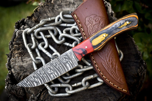 Forged Twist Damascus Skinner Knife with Hardwood Handle and Micarta Bolster – 8.5" Handmade Hunting Knife