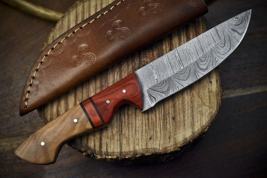 Forged Twist Damascus Skinner Knife with Hardwood Handle and Wooden Bolster – 8.5" Hunting and Fishing Blade