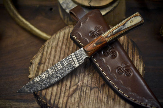 Forged Twist Damascus Skinner Knife with Hardwood Handle and Wooden Bolster – Survival Blade