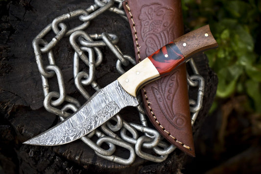 Forged Twist Damascus Skinner Knife with Mixed Material Handle – 8" EDC Hunting Knife Veterans Gift

