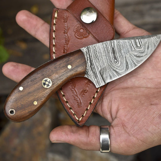 Forged Twist Damascus Skinner Knife with Walnut Wood Handle – Compact Outdoor Veteran Gift


