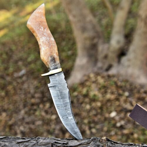 Forged Twist Damascus Steel Skinner Knife – Fixed Blade Hunting Knife with Leather Sheath