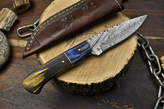 Forged Twist Pattern Damascus Skinner Knife with Hardwood Handle Wooden Bolster and Leather Sheath