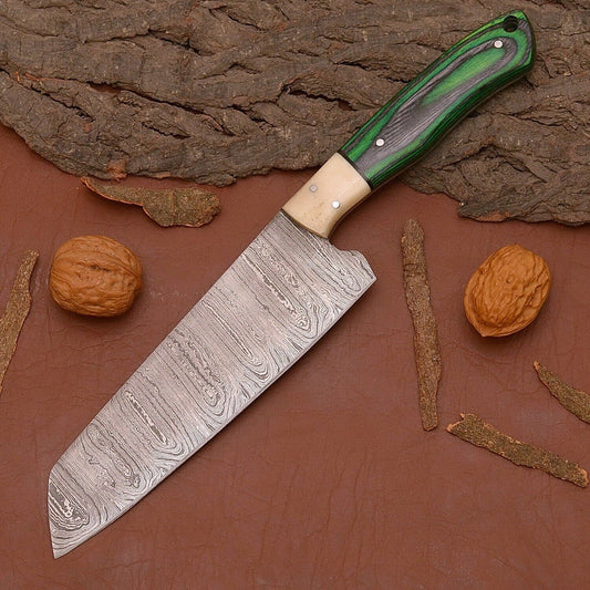  Full Tang Damascus Steel Chef Knife | Kitchen Knife with Wood Handle & Sheath