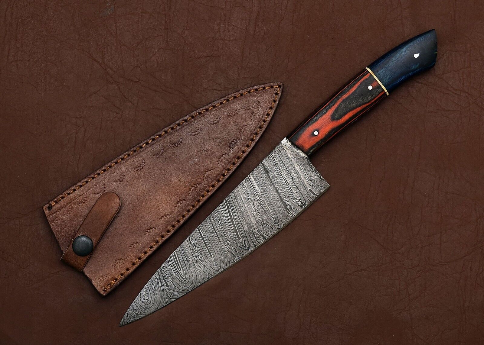 Full Tang Damascus Steel Kitchen Chef Fillet Knife with Pakka Wood Handle & Leather Sheath