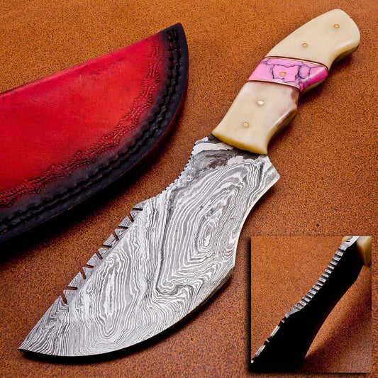 Full Tang Handmade Damascus Steel Tracker Knife – Bone Handle Hunting, Camping & Survival with Leather Sheath