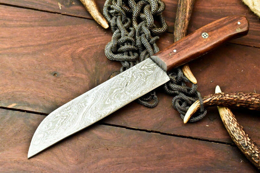 Gorgeous Custom Handmade Damascus Steel Chef Knife | Full Tang Walnut Wood Handle | 12.5" Kitchen & Camping Knife