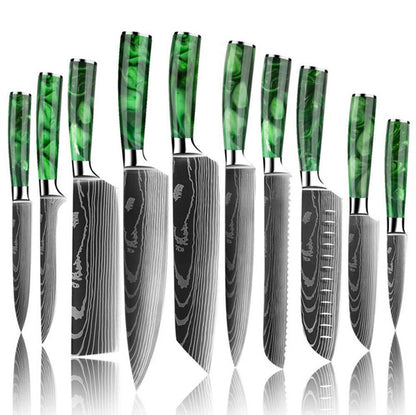 Green 10pcs Japanese Kitchen Damascus Pattern Chef Knife Set – High Carbon Stainless Steel with Color Wood Handles