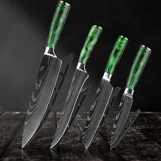 Green 4PC Japanese Kitchen Knives Set – Laser Damascus Pattern Chef Knife with Scabbard