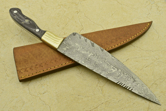  HANDMADE FORGED DAMASCUS STEEL CHEF KITCHEN KNIFE WITH PAKKA WOOD HANDLE

