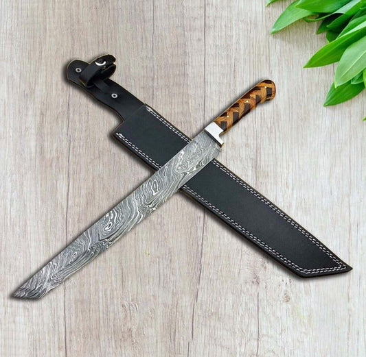 HAND FORGED DAMASCUS STEEL BUTCHER/BRISKET CHEF KNIFE ROSE/OLIVE WOOD HANDLE