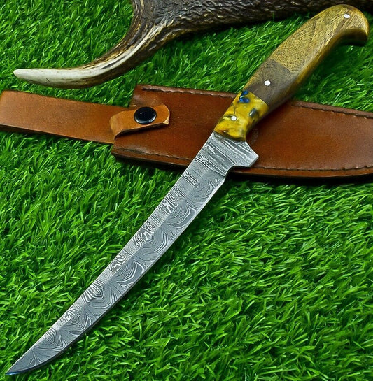 HAND FORGED DAMASCUS STEEL FILLET KNIFE | KITCHEN CHEF KNIFE | CAMPING & HUNTING EDC KNIFE