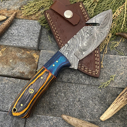HAND FORGED Damascus Steel Skinner Gut Hook Hunting Knife with Sheath
