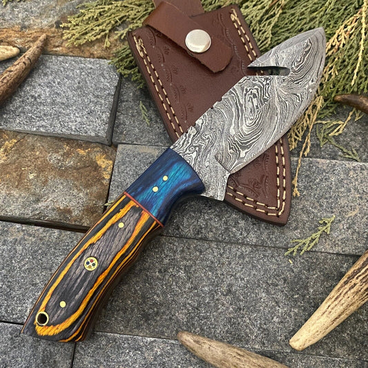 HAND FORGED Damascus Steel Skinner Gut Hook Hunting Knife with Sheath
