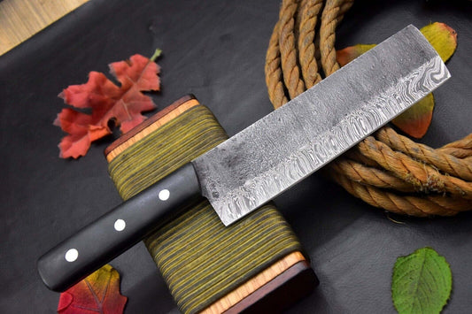  Hammered Damascus Steel Chef Nakiri Knife – G-10 Micarta Handle, Hand Forged

