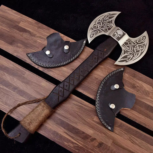 Hand-Forged Carbon Steel Double-Faced Viking Bushcraft Axe – Black Wood Handle with Leather Sheath