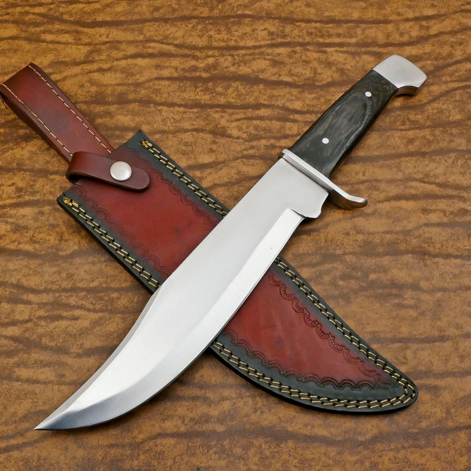 Hand-Forged D2 Steel Large Bowie Hunting Camping Knife with Pakka Wood Handle – 12 Inch Full Tang