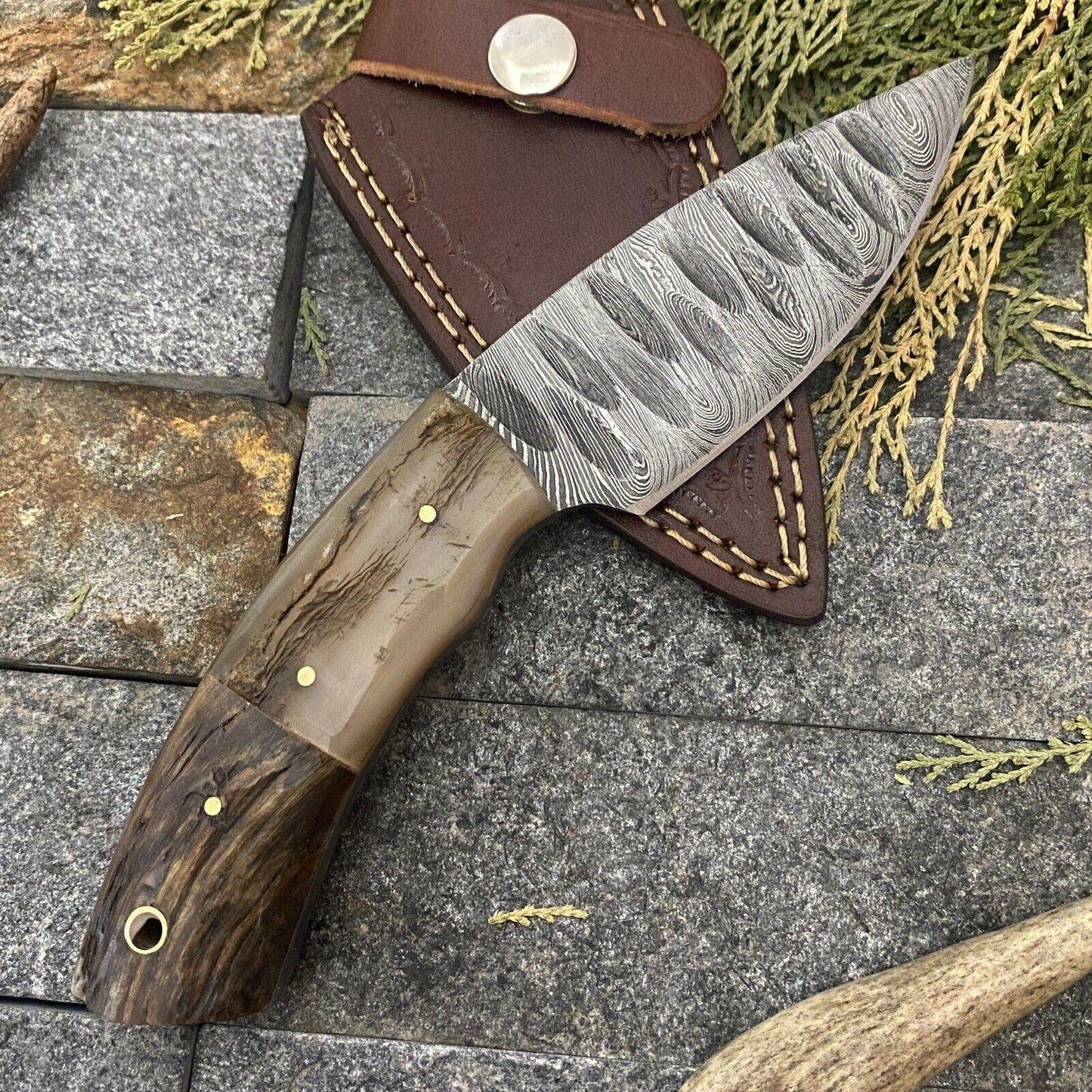 Hand-Forged Damascus EDC Bowie Knife – Ram Horn Handle & Leather Sheath