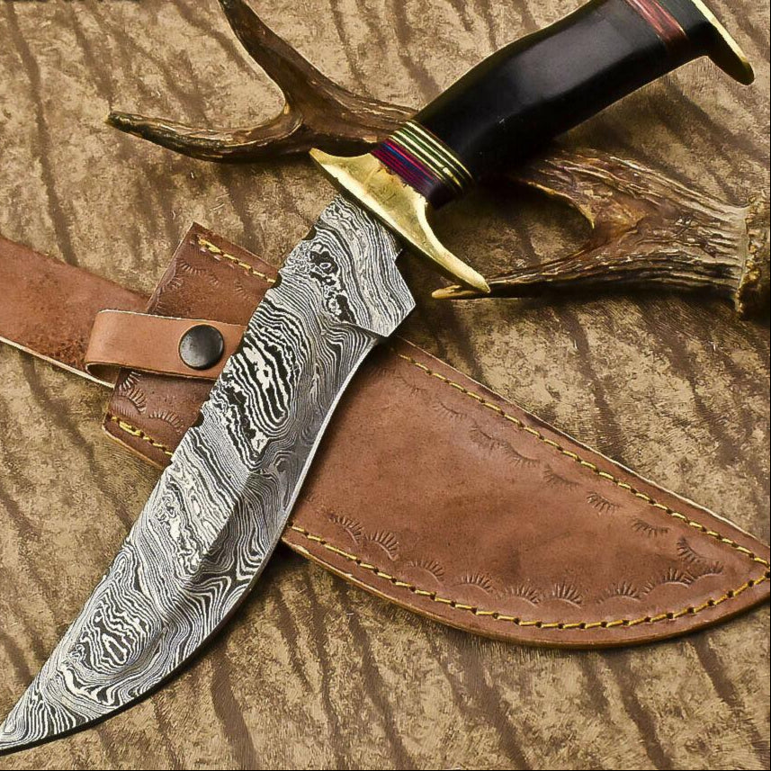 Hand-Forged Damascus Steel Bowie Knife with Bull Horn Handle – 13.5" Hunting Blade
