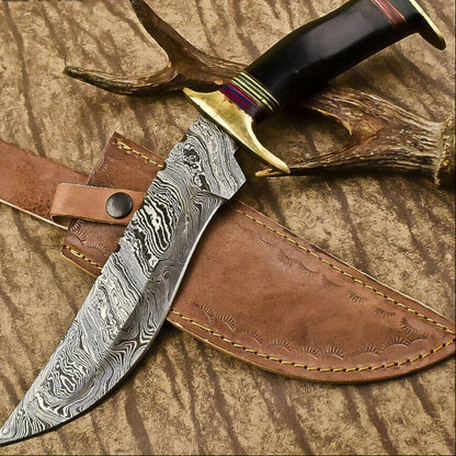 Hand-Forged Damascus Steel Bowie Knife with Bull Horn Handle – 13.5" Hunting Blade