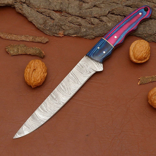 Hand-Forged Damascus Steel Chef Fillet Knife | Custom Kitchen Knife with Wood Handle

