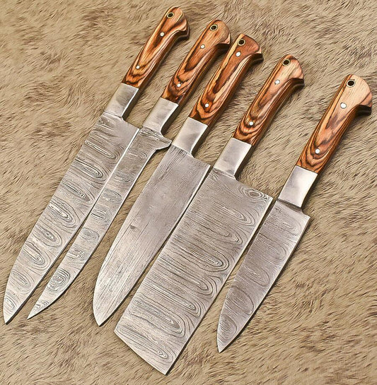 Hand-Forged Damascus Steel Chef & Hunting Knife Set, 5 Pieces, Hard Wood Handles, 8-Inch Blades, Steel Bolsters, Full Tang, Oil-Tempered 58-60 HRC