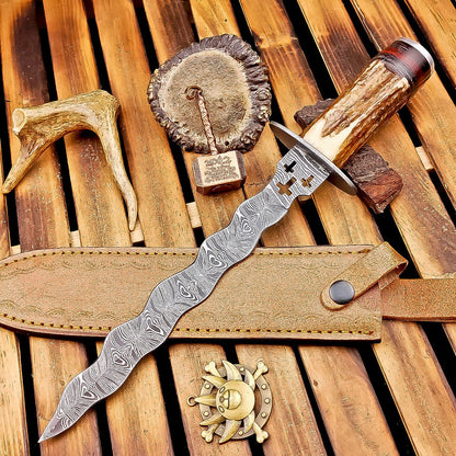 Hand-Forged Damascus Steel Kris Bowie Knife with Stag Horn Handle – 15"