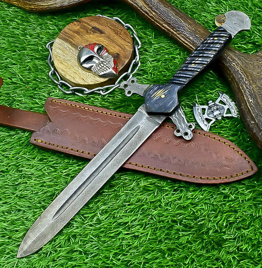 13" Hand-Forged Damascus Steel Short Sword Bowie Knife – Wood Handle & Leather Sheath