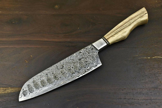 Hand-Forged Damascus Steel Tanto Hunter & Chef Knife with Olive Wood Handle, Full Tang, Razor-Sharp Edge
