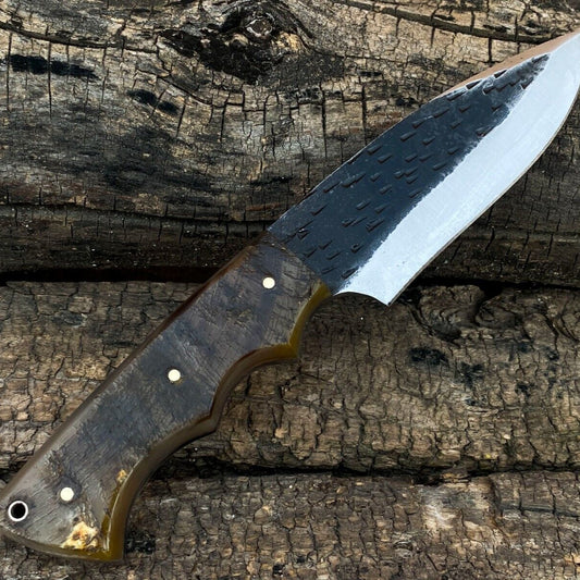 Hand-Forged High Carbon Steel Bowie Knife – Ram Horn Handle with Leather Sheath