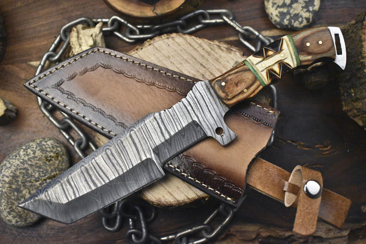 Hand-Forged Tracker Knife – Twist Damascus Steel with Bone & Wood Handle for Hiking and Bushcraft