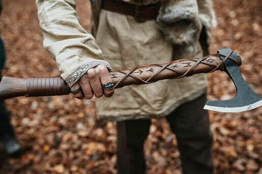 Hand-Forged Viking Camping Axe 18 Inch Carbon Steel Bearded Hatchet with Leather Sheath