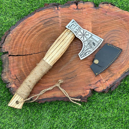 Hand-Forged Viking Tomahawk Axe – Carbon Steel Blade with Rose Wood Handle and Leather Sheath, 14 Inch