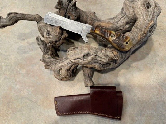 HandForge 8" Damascus Steel Bull Cutter Knife Cowboy Bull Cutter Knife with Rams Horn Handle