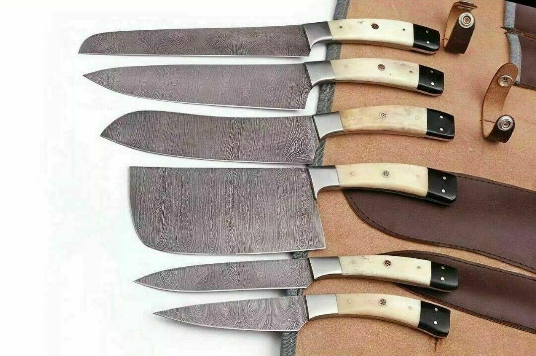 Hand Forged Damascus Chef Knife Set – 6-Piece Japanese Style Kitchen Knives with Bone Handle